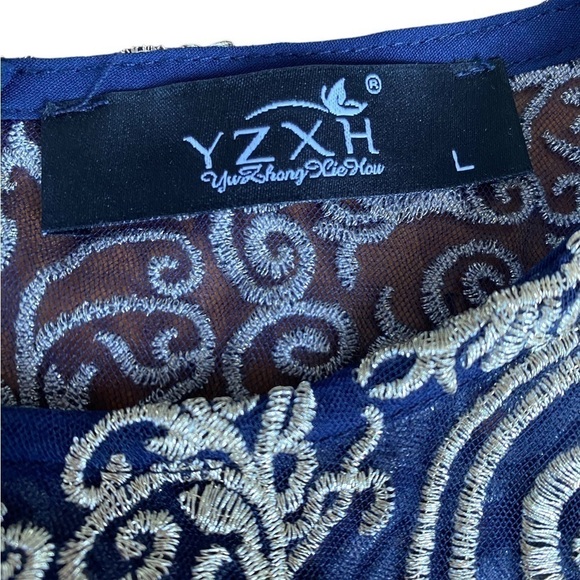 YZXH Yu Zhong Xie Hou Navy Blue and Taupe Lace Embroidered A-Line Dress Size L - Picture 7 of 15